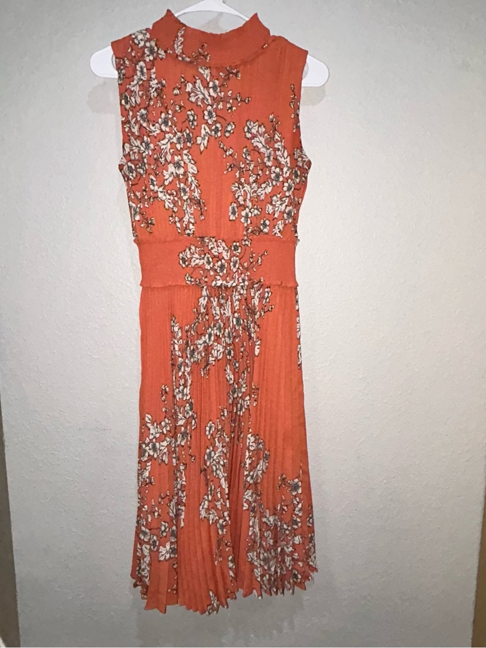 Nanette Lepore Orange Floral Pleated Midi Dress with High Neck